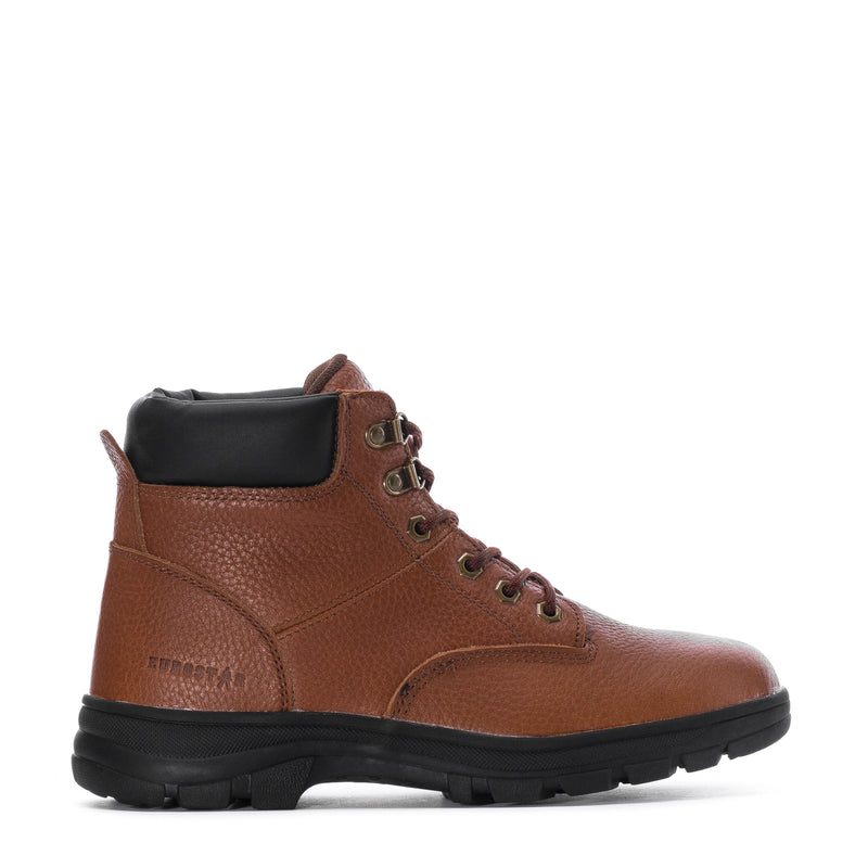 Men's tan leather high-top lace-up work boots with black padded collar and rugged sole