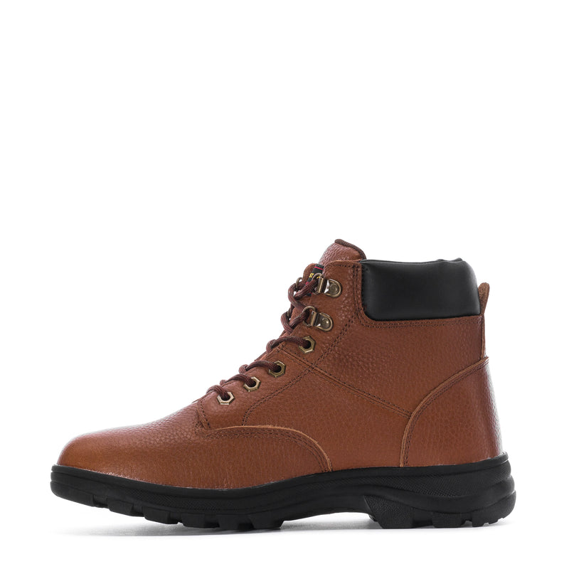 Men's tan-brown leather high-top boots with lace-up front and black padded ankle collar