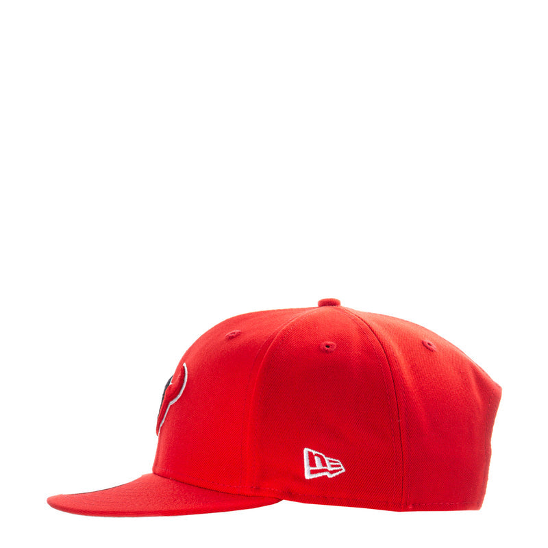 Red baseball cap with New Era flag logo on front panel