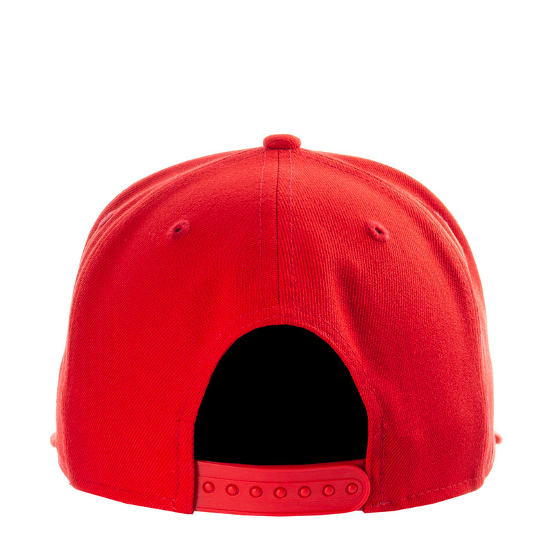 Red snapback baseball cap with black interior and adjustable back strap
