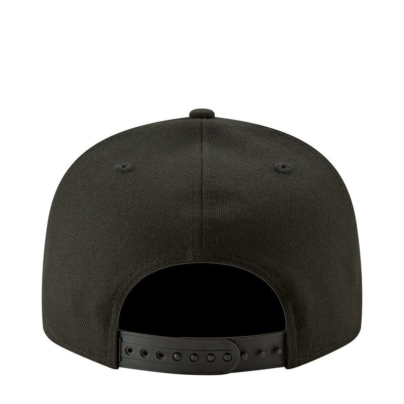 Black baseball cap back view with adjustable strap and ventilation eyelets