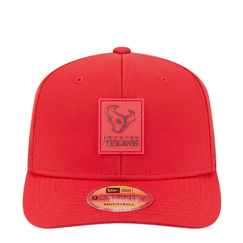 Red Texans baseball cap with front team logo and New Era adjustable strap