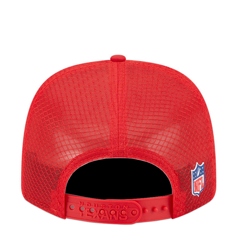 Red mesh-back cap with NFL shield patch and open back panel