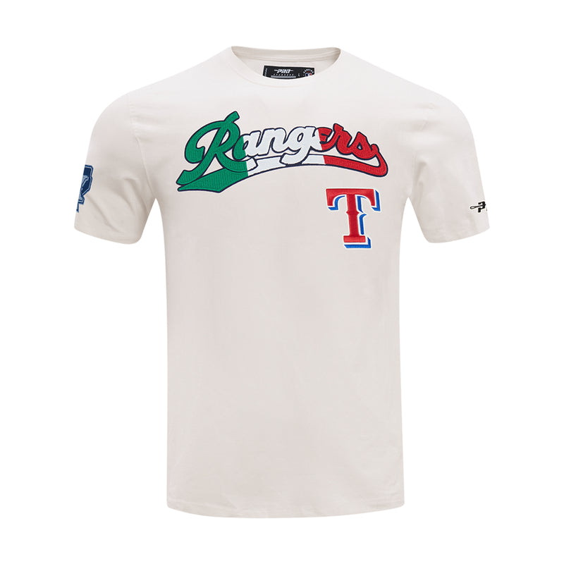 Men's Texas Rangers tee, eggshell, front graphic with Rangers script and red T