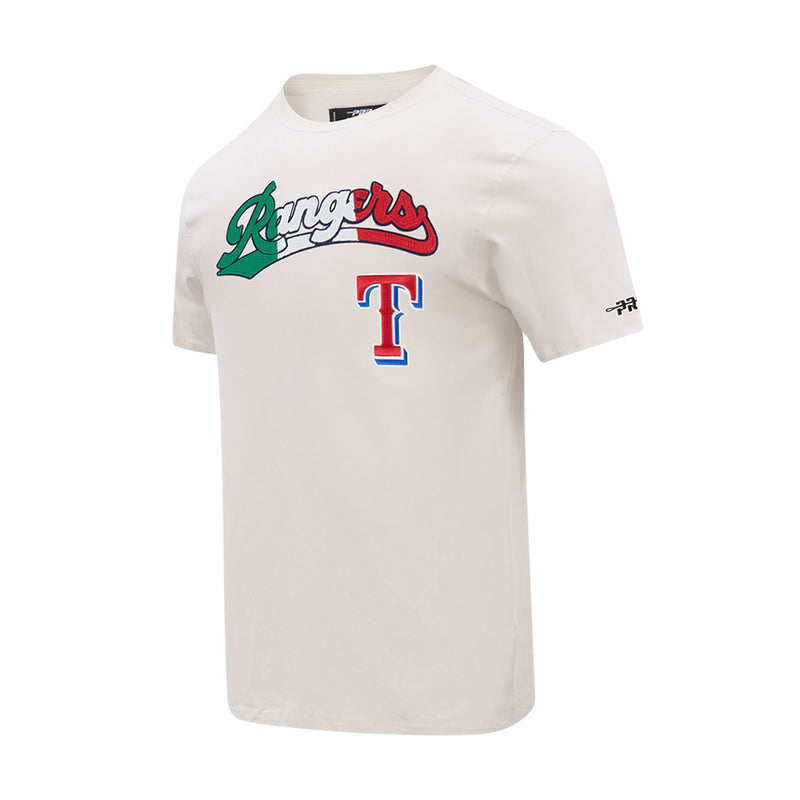 Men's Texas Rangers tee, eggshell, front Rangers script with red T and right sleeve logo