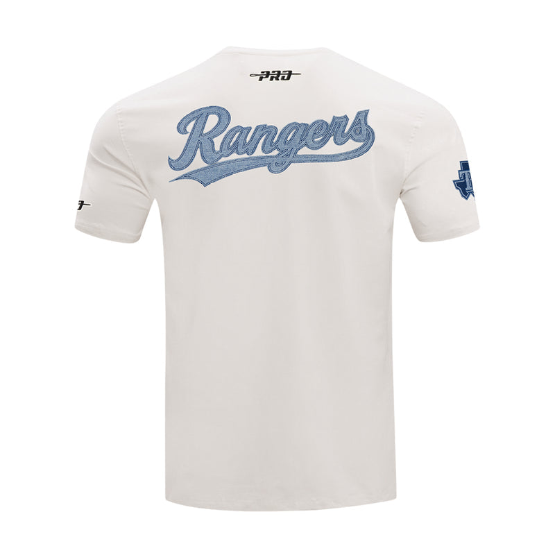 Men's Texas Rangers tee, eggshell, back shows blue Rangers script and Pro logo on neck