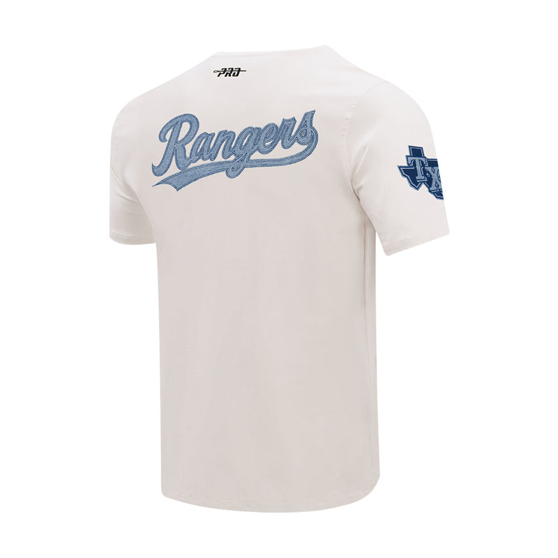 Men's Texas Rangers tee, eggshell, back graphic with blue Rangers script and side sleeve emblem