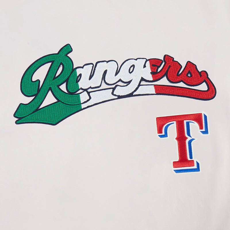 Men's Texas Rangers tee, eggshell, close-up: multicolor Rangers wordmark and red T