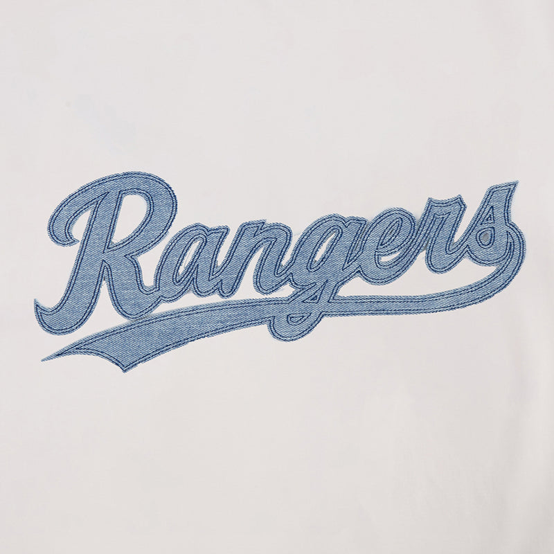 Men's Texas Rangers tee, eggshell, close-up: blue Rangers script logo
