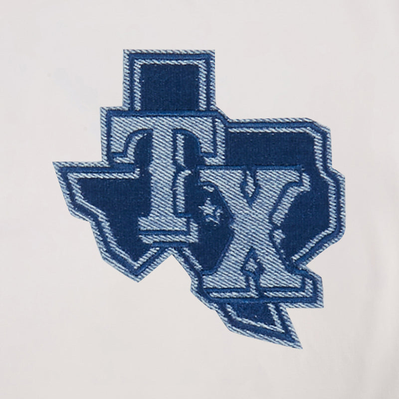 Men's Texas Rangers tee, eggshell, close-up: blue Texas map emblem