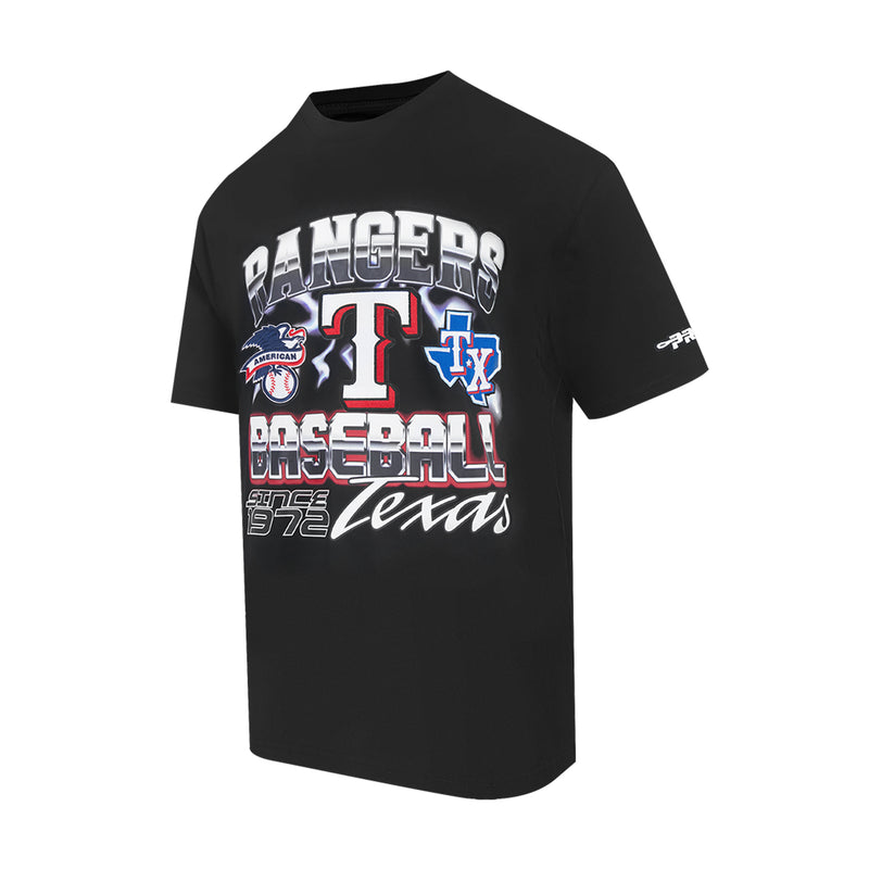 Men's black graphic T-shirt with large front Rangers logo and sleeve detail