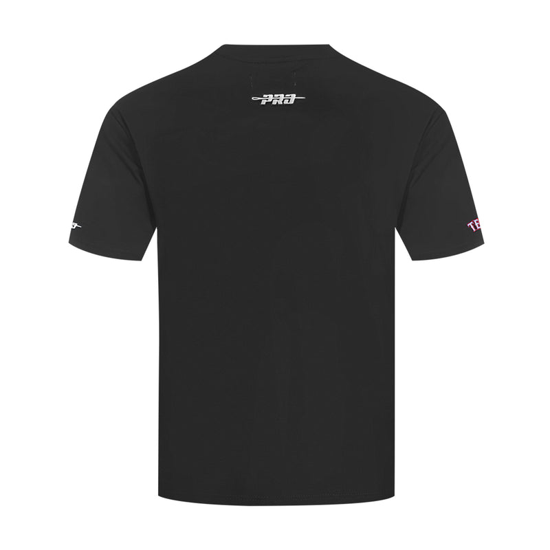 Men's black T-shirt showing small back print and curved crew neckline