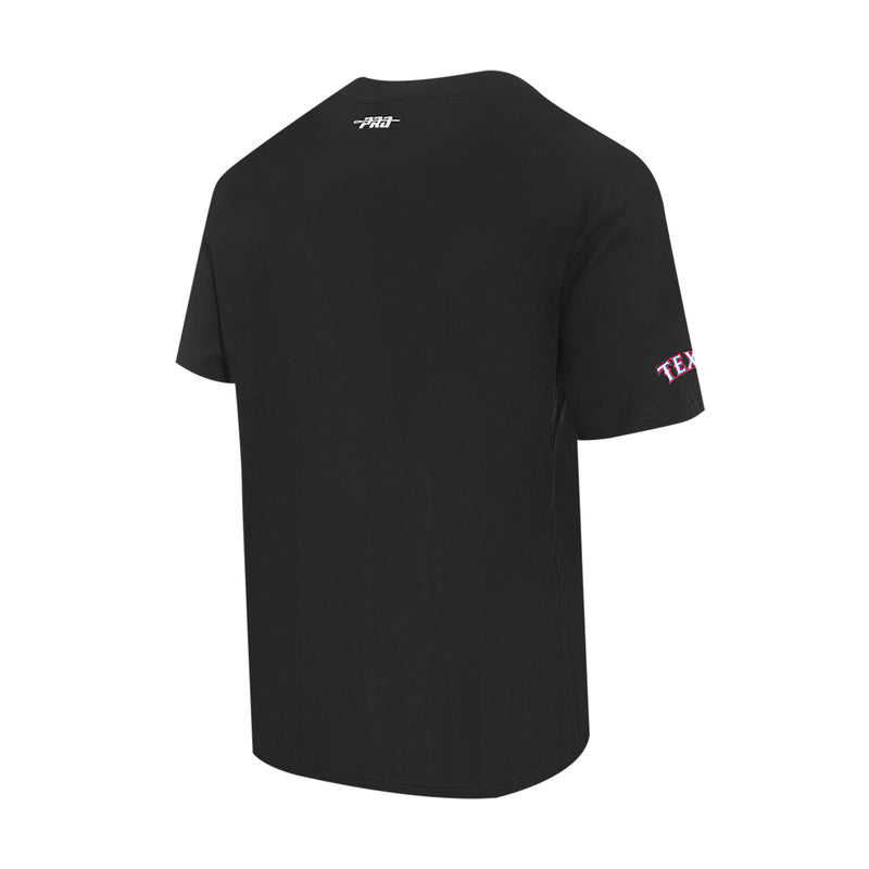Men's black T-shirt with small back print and right sleeve team mark