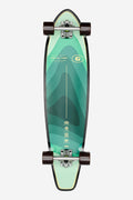 Top-down view of The All-Time 35 Seascape longboard with a teal green gradient deck and brown wheels