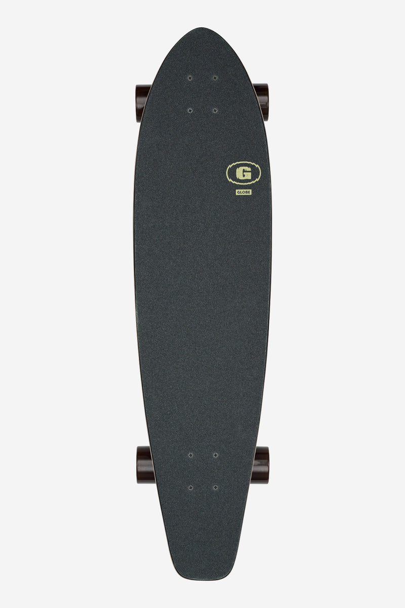 Top-down view of the Seascape longboard deck with dark grip tape and brown wheels