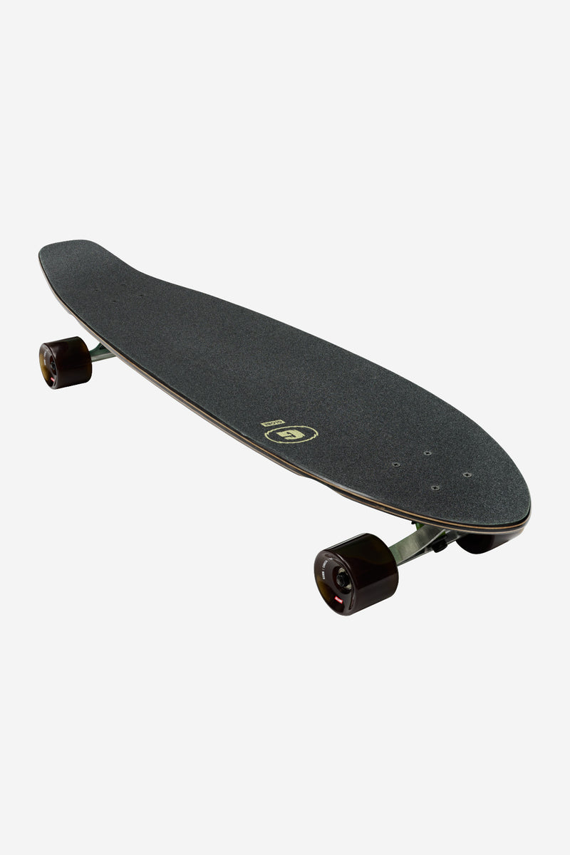 Angled view of The All-Time Longboard 35 Seascape deck with grip tape and trucks.