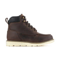 Men's dark brown moc-toe lace-up boot with padded collar and tan lug sole