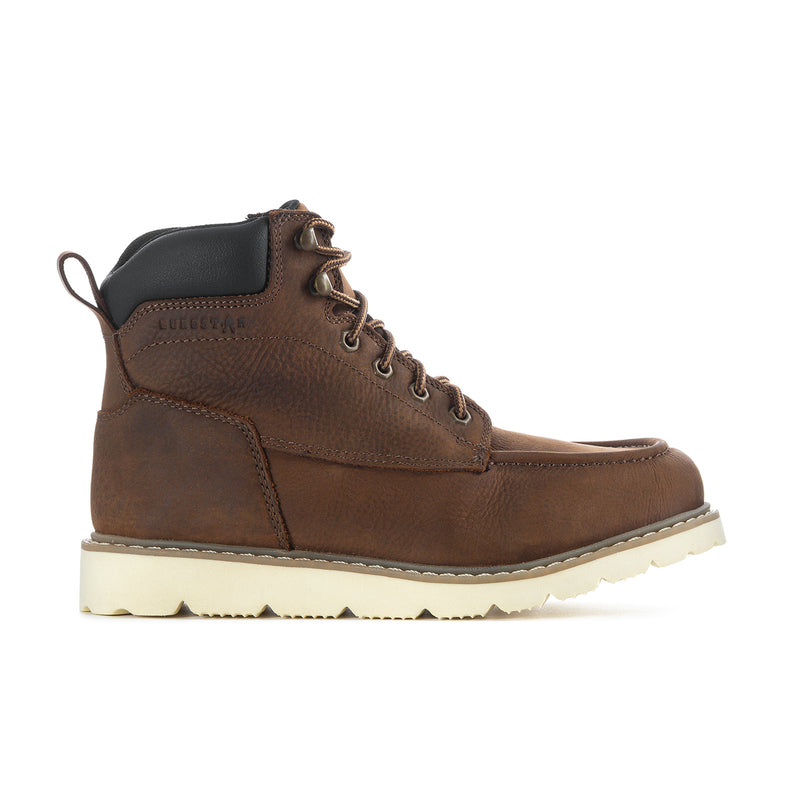 Men's moc-toe wide boots in brown leather with dark ankle panels and cream sole