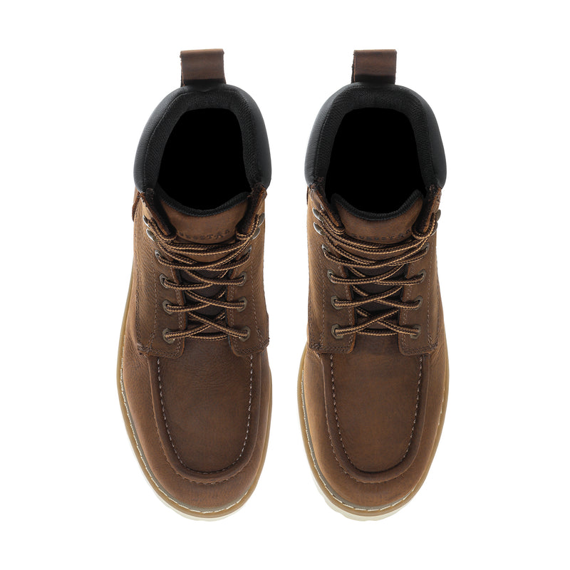 Pair of brown moc-toe boots with laces and black collars; interior opening visible
