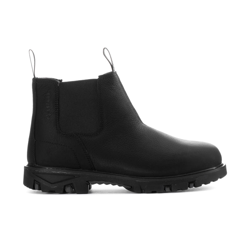 Black men’s Chelsea boot with elastic side panels and ankle pull tabs.