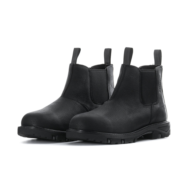 Black men’s Chelsea boots, pair view, elastic gore and chunky tread sole.