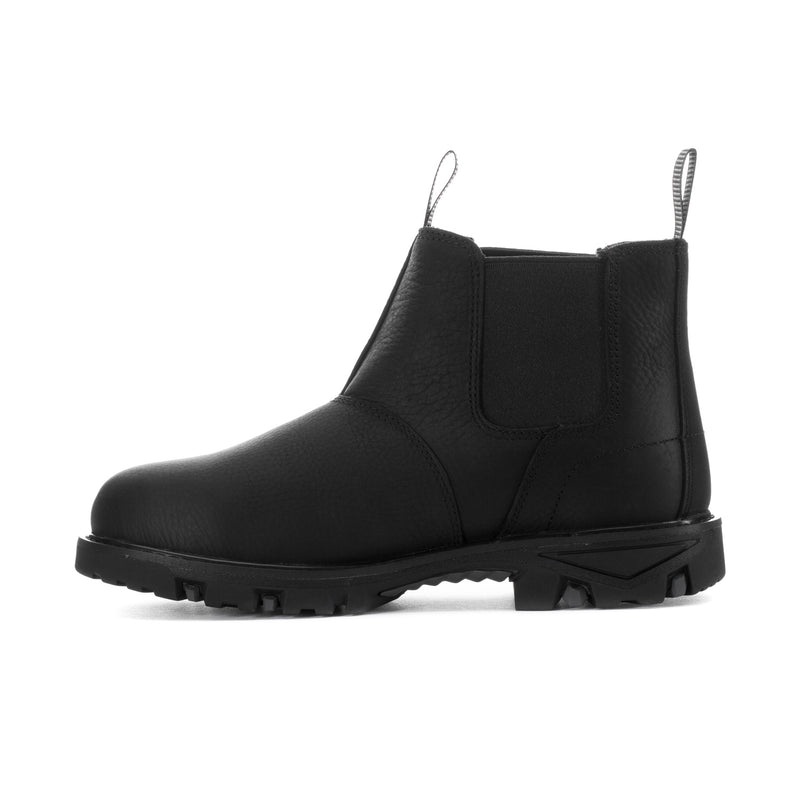 Black men’s Chelsea boot side profile with elastic gore and thick tread sole.
