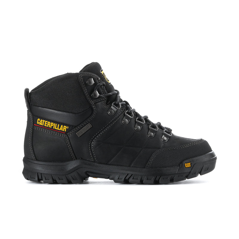 Black men’s high-top work boot with lace-up front and CAT logo badge