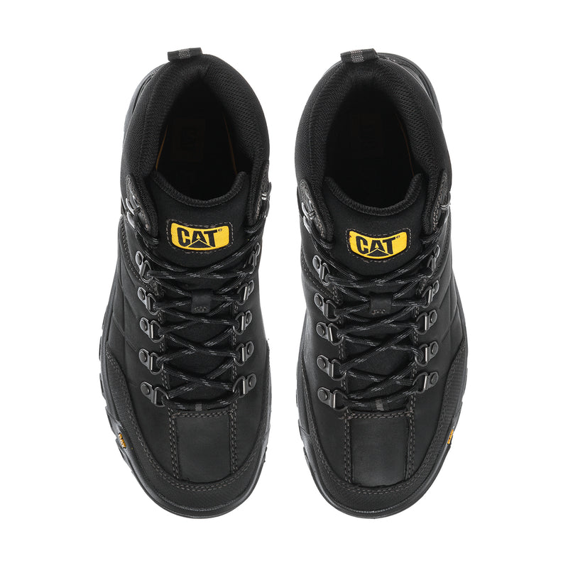 Black men’s work boots, front view with lace-up eyelets and CAT side logos