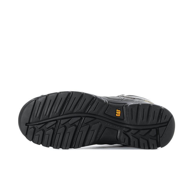 Black men’s work boot outsole with deep tread and small CAT logo