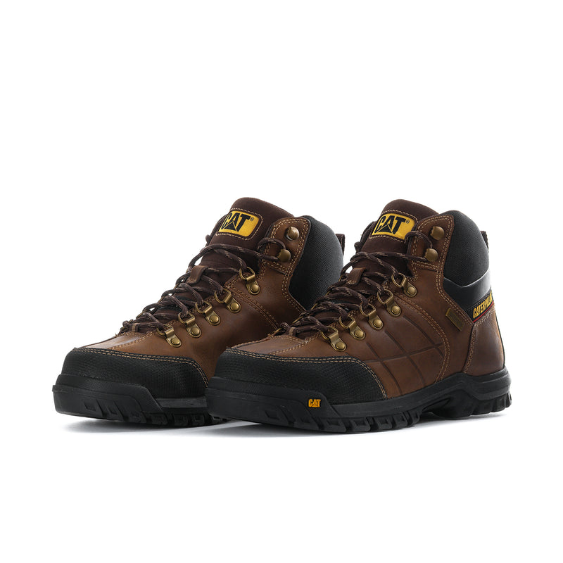 Pair of men's brown and black lace-up work boots with CAT logos and chunky rubber soles