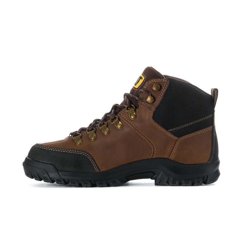 Men's brown and black lace-up work boot with CATERPILLAR side patch and padded collar