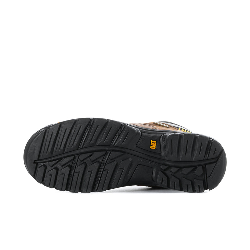 Men's work boot outsole tread bottom with CAT logo and rugged rubber traction