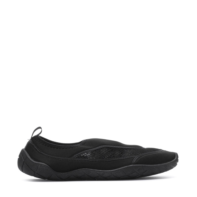 Black slip-on water shoe with textured side panels