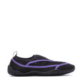 Youth black water shoes with purple trim, rounded toe and side straps