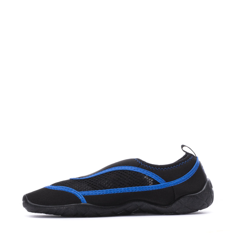 Black youth water shoes with blue side stripe, rounded toe and textured sole