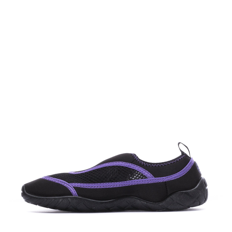 Youth black water shoes with purple stripe accents and pull tab