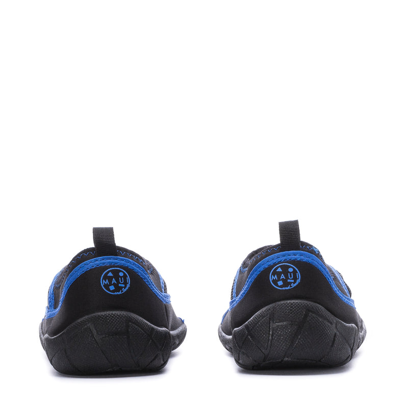 Youth water shoes, rear heel view with blue piping and black mesh upper