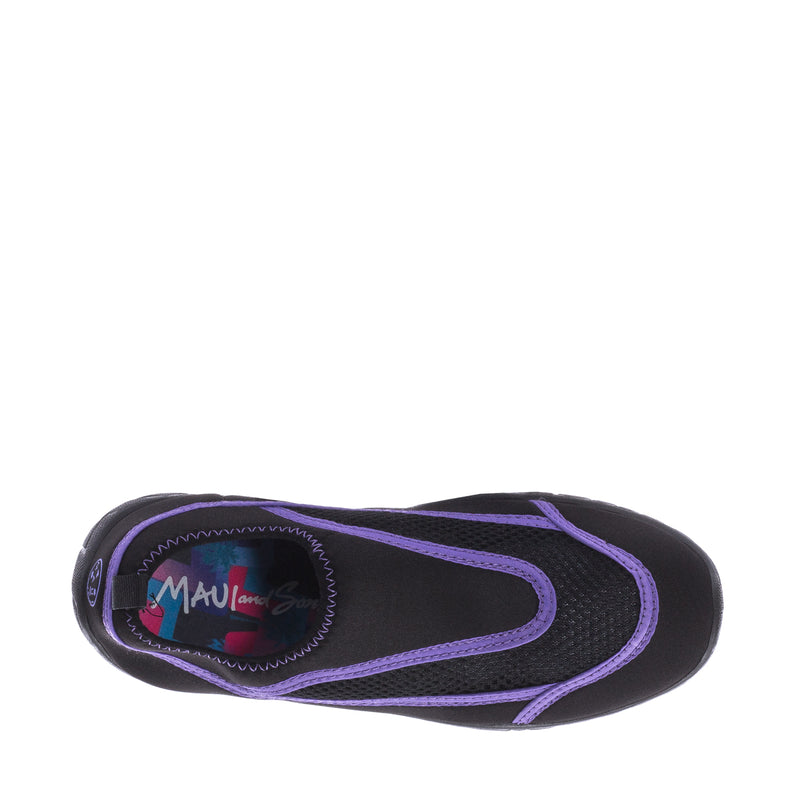 Youth black water shoe with purple side stripe and MAUI logo patch