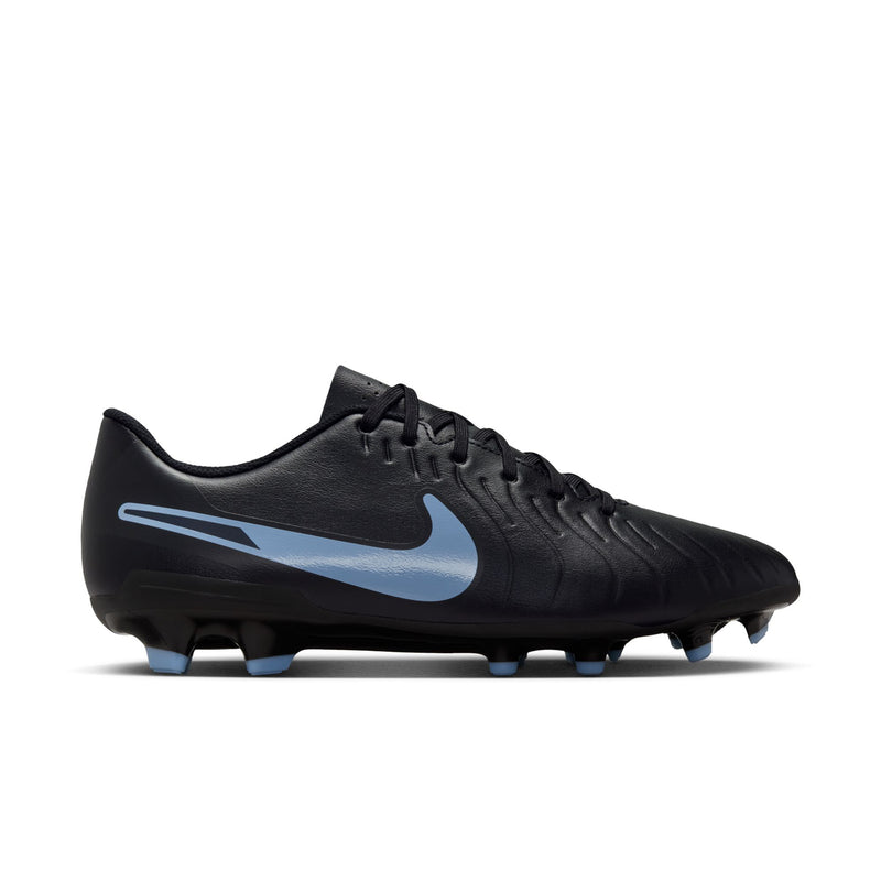 Men's black soccer cleats with light blue swoosh and molded studs outsole