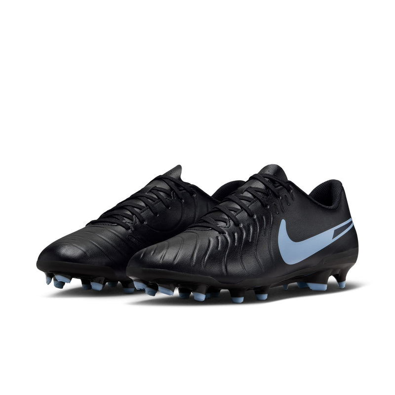Men's black soccer cleats, side view, light blue swoosh with blue-tinted studs