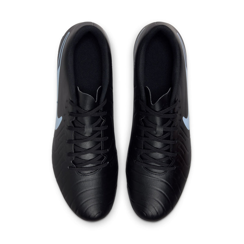 Pair of men's black soccer cleats, lace-up design with padded tongue and blue swoosh