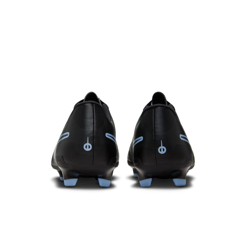 Men's black soccer cleats rear view, blue swoosh and molded heel studs