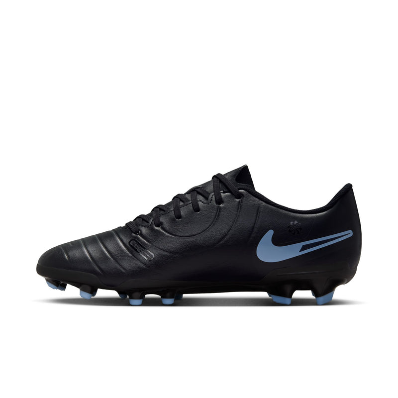 Men's black soccer cleats, angled side view, light blue swoosh and grip studs