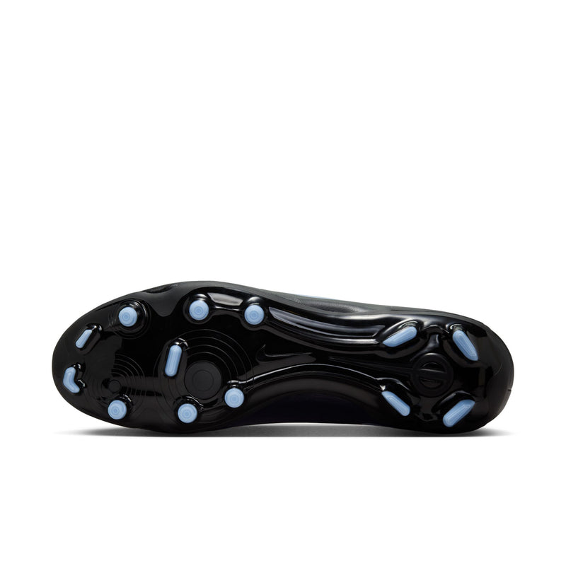 Men's black soccer cleats outsole with molded studs and light blue accent spots