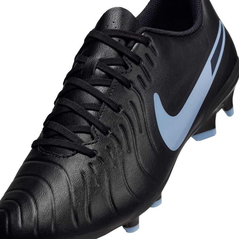 Men's black soccer cleat upper close-up, lace-up with light blue swoosh