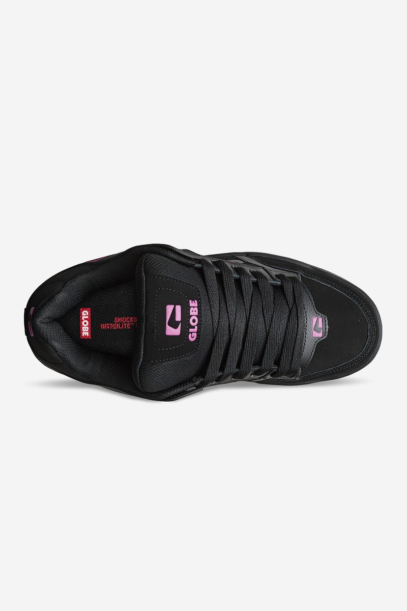 Top view of Tilt skate shoe in black with pink detailing and pink outsole.