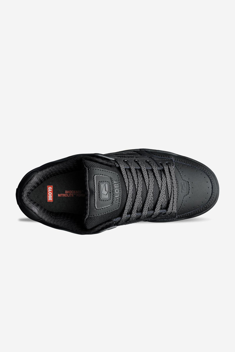 Top view of the black Globe Tilt skate shoe highlighting nubuck upper and textured laces