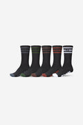 Five black Tilt Hi Crew Socks from the 5 pack with colored toes and Globe branding on the cuff