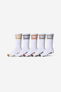 Five white Tilt Hi crew socks with multicolor toes and a Globe logo on the cuff