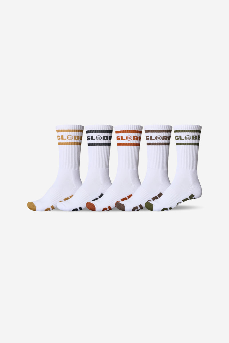 Five white Tilt Hi crew socks with multicolor toes and a Globe logo on the cuff